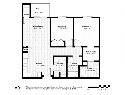 Floor plan for 2 beds, 2 baths, 953 sqft